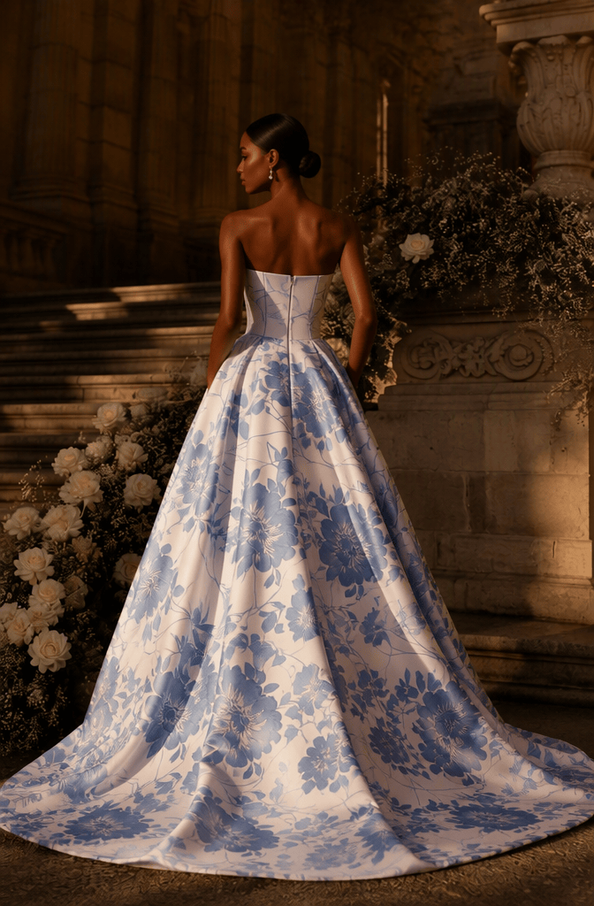 Strapless blue floral jacquard ball gown with cathedral train - back view