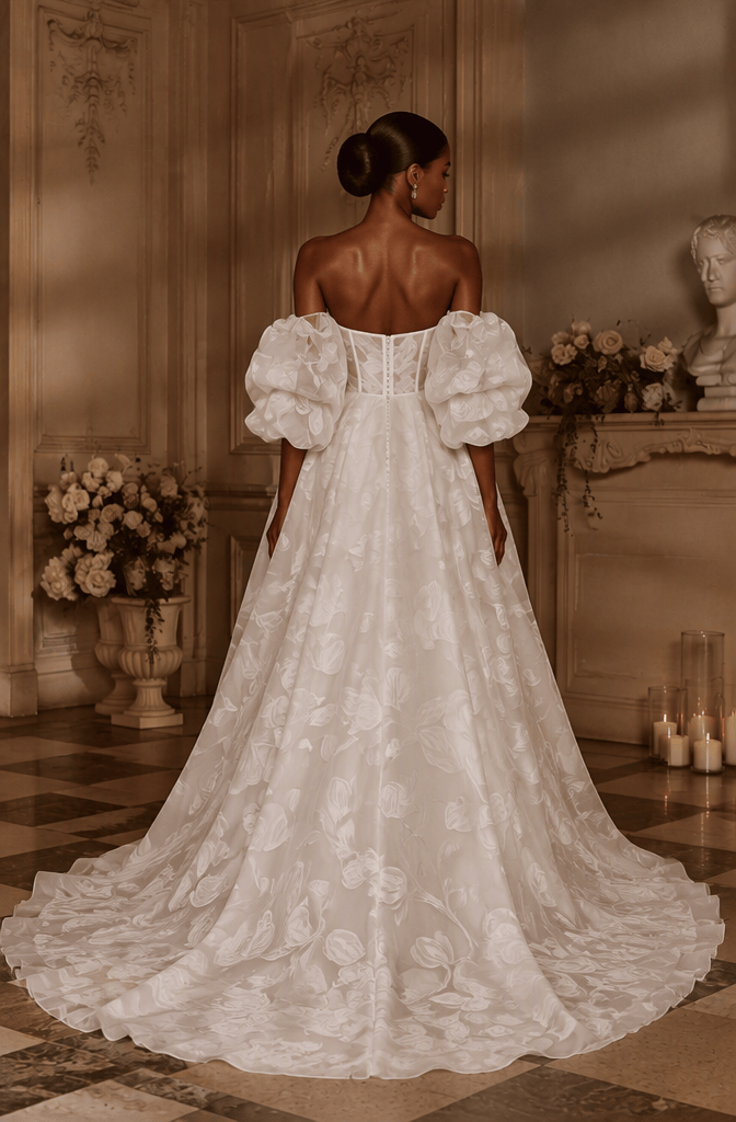 Off-shoulder puff sleeve floral jacquard bridal gown - side view