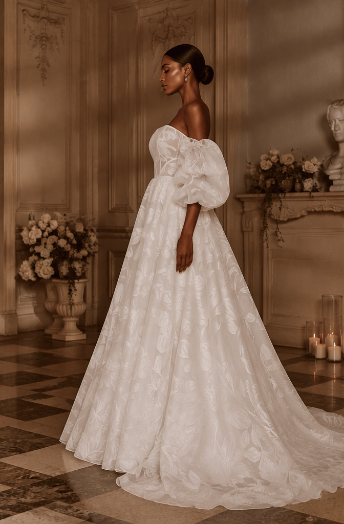 Off-shoulder puff sleeve floral jacquard bridal gown - front view