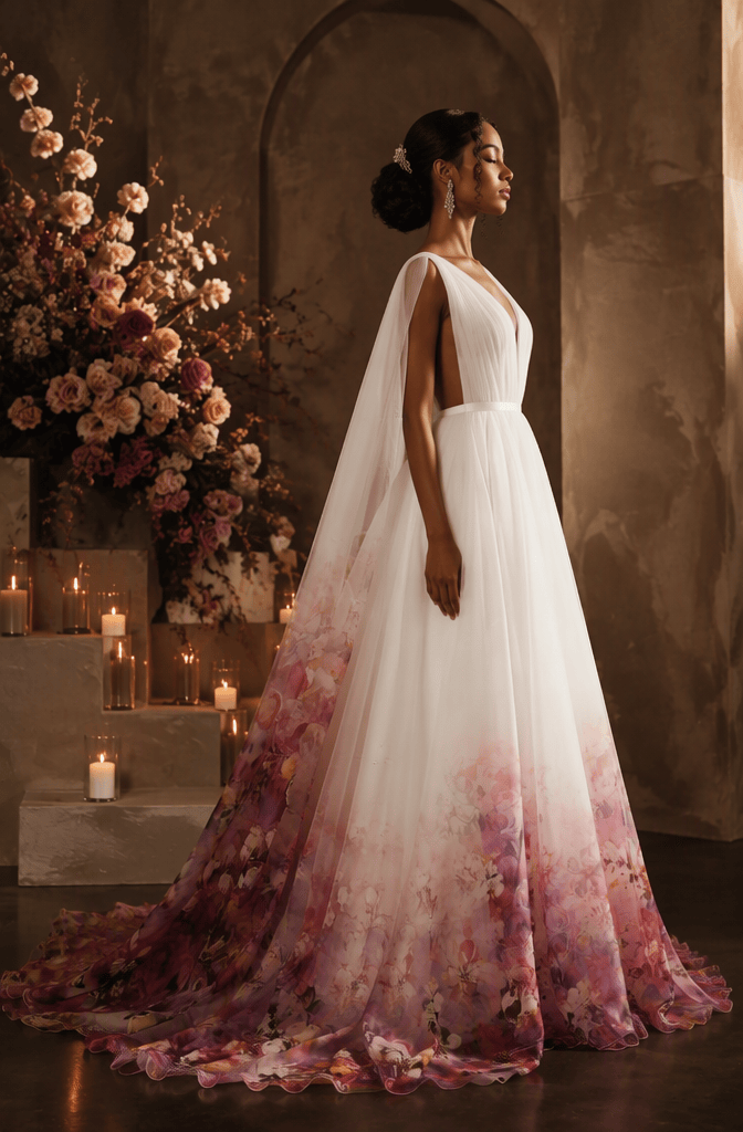 Deep V-neck cape sleeve floral ombre bridal gown - side view