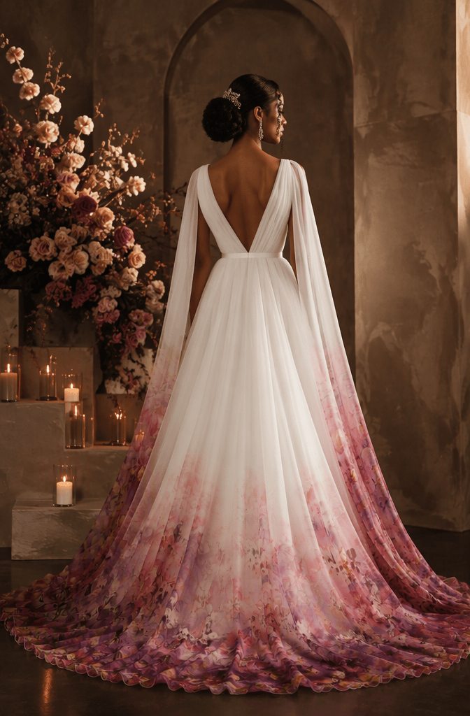 Deep V-neck cape sleeve floral ombre bridal gown - back view