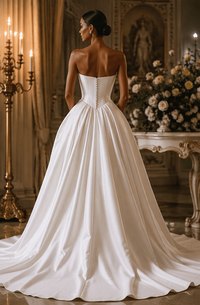 Strapless satin ball gown with button back - back view