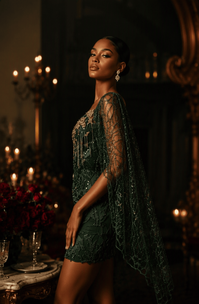 Emerald Green Sequin Gold Tassel Sheer Cape Homecoming Dress - Side View