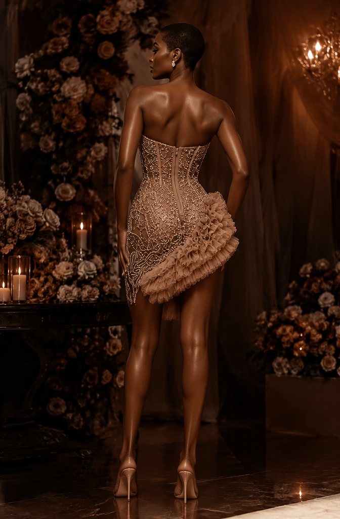 Champagne Sequin Beaded Strapless Mini Homecoming Dress with Ruffle - Back View