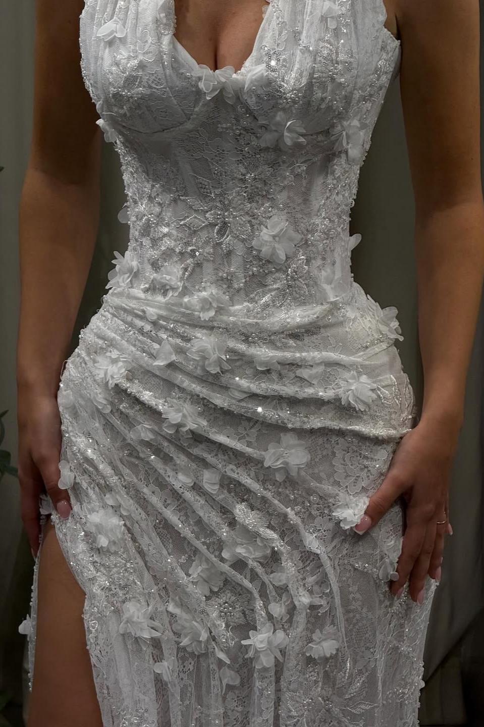 Light Blue 3D Floral Lace Halter Prom Dress with Beaded Illusion Bodice and High Slit