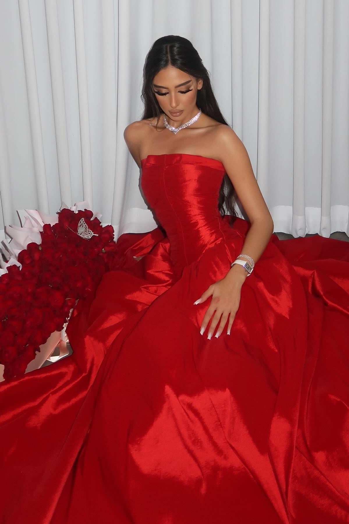 Beauty A Line Strapless Red Satin Long Prom Dress with Ruched