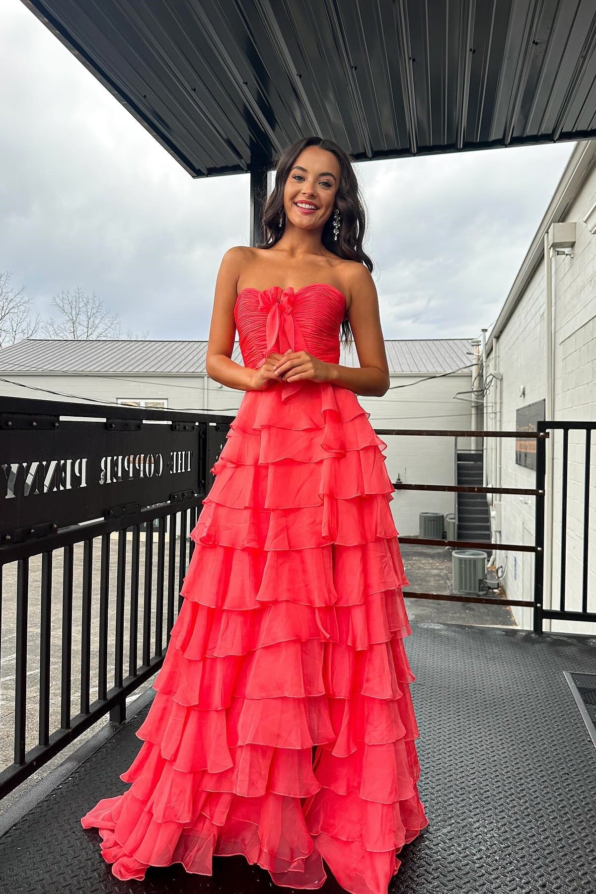 Pink Sweetheart Ruffle Tiered A-Line Prom Dress with Front Bow