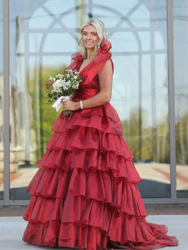 Princess A-Line Deep V-Neck Pink Long Tulle Prom Dress with Ruffles Slit