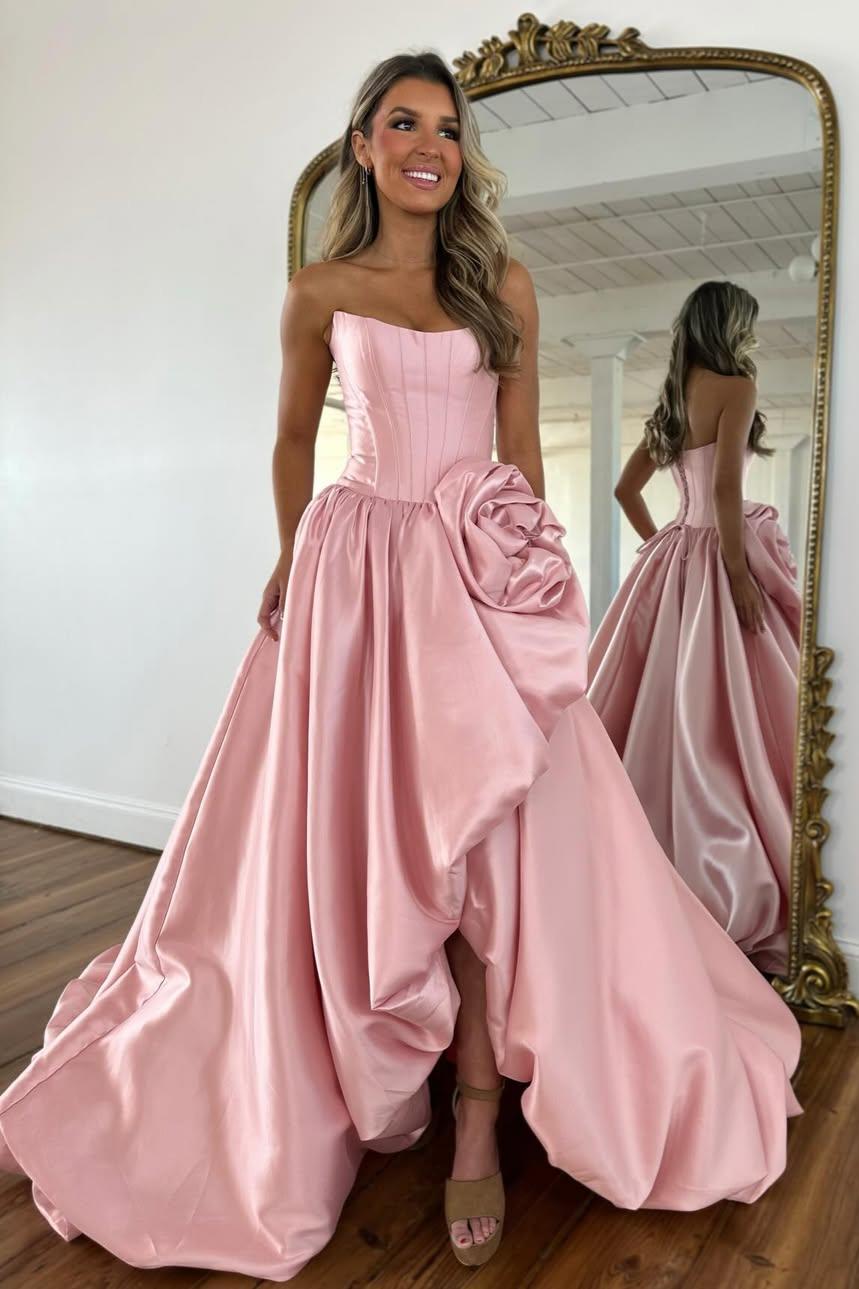 Luxury Strapless Corset Prom Gown with High Slit Skirt and Rosette Accent