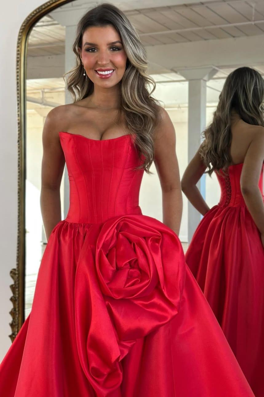 Luxury Strapless Corset Prom Gown with High Slit Skirt and Rosette Accent