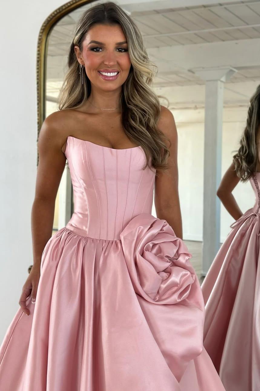Luxury Strapless Corset Prom Gown with High Slit Skirt and Rosette Accent