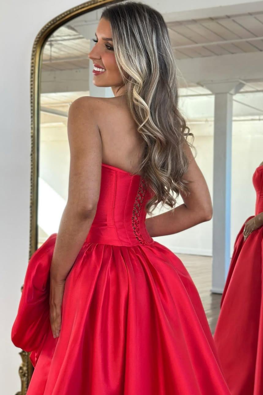 Luxury Strapless Corset Prom Gown with High Slit Skirt and Rosette Accent
