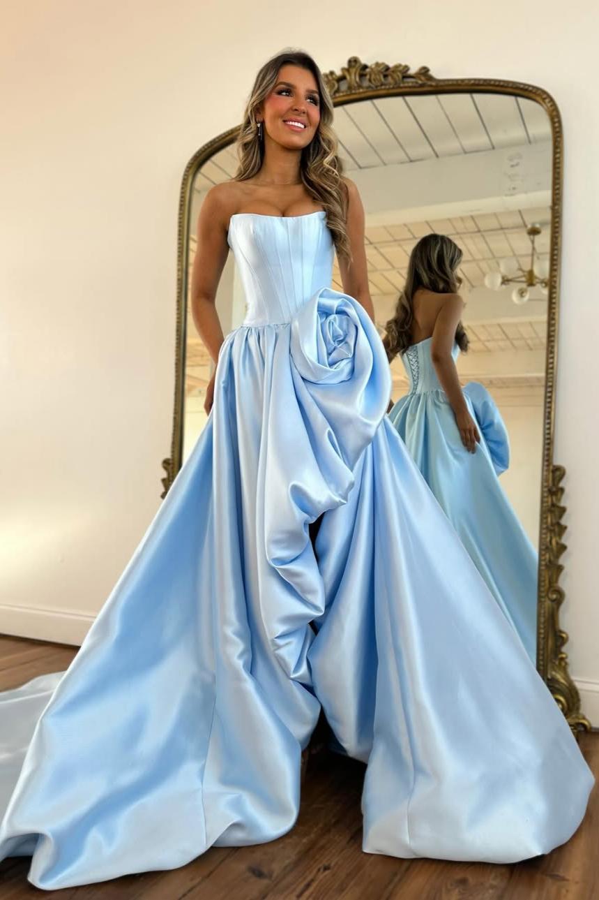 Luxury Strapless Corset Prom Gown with High Slit Skirt and Rosette Accent