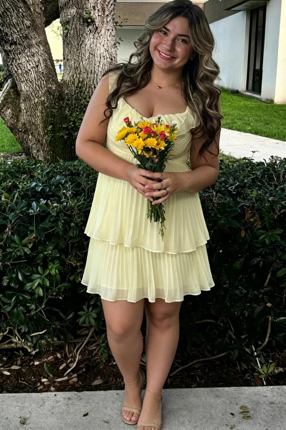 A-Line Off Shoulder Homecoming Dress with Ruffle Layers and Ruched Bodice