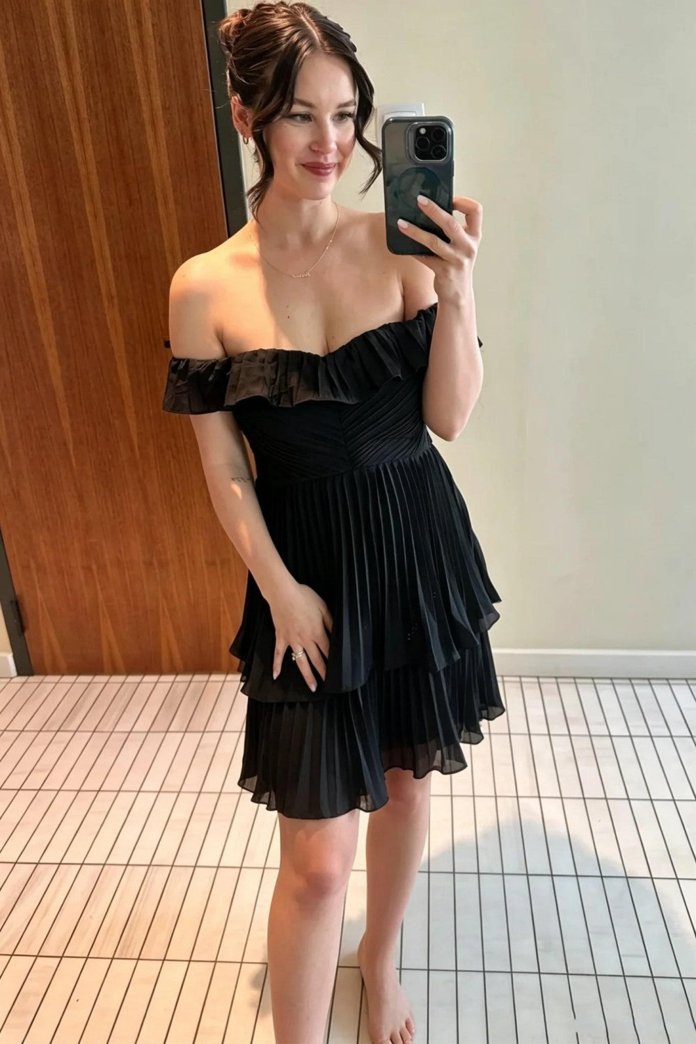 A-Line Off Shoulder Homecoming Dress with Ruffle Layers and Ruched Bodice