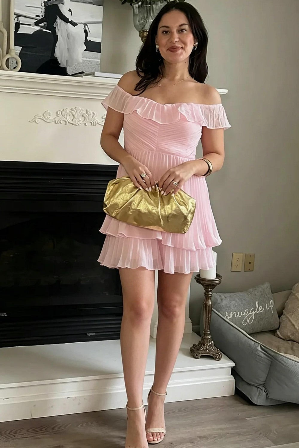 A-Line Off Shoulder Homecoming Dress with Ruffle Layers and Ruched Bodice