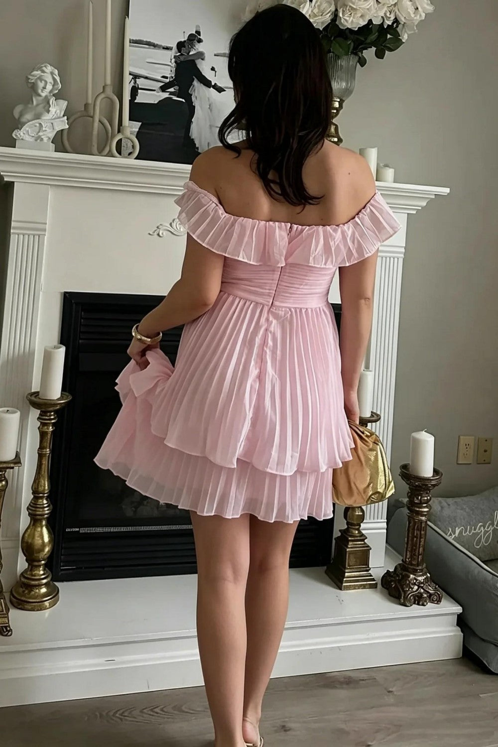 A-Line Off Shoulder Homecoming Dress with Ruffle Layers and Ruched Bodice