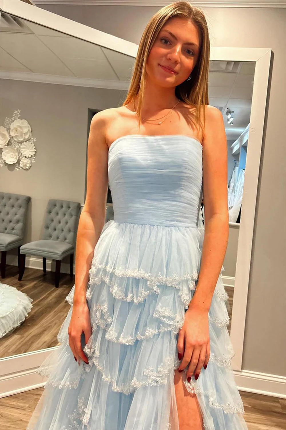 A Line Strapless Glitter Tulle Prom Dress with Layered Ruffle Skirt and Sequin Trim