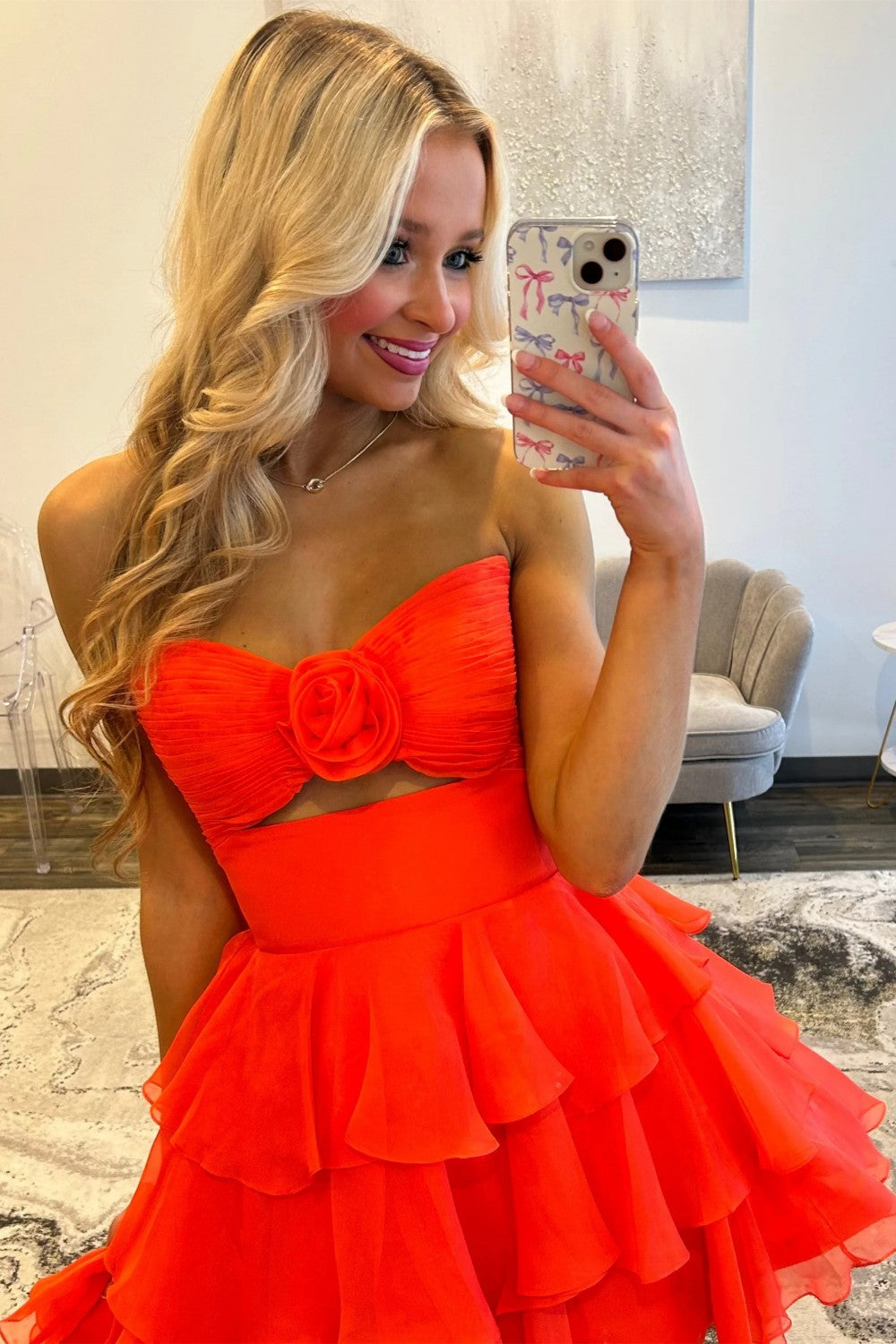 Adorable A-Line Strapless Short Layered Chiffon Homecoming Dress with 3D Flower