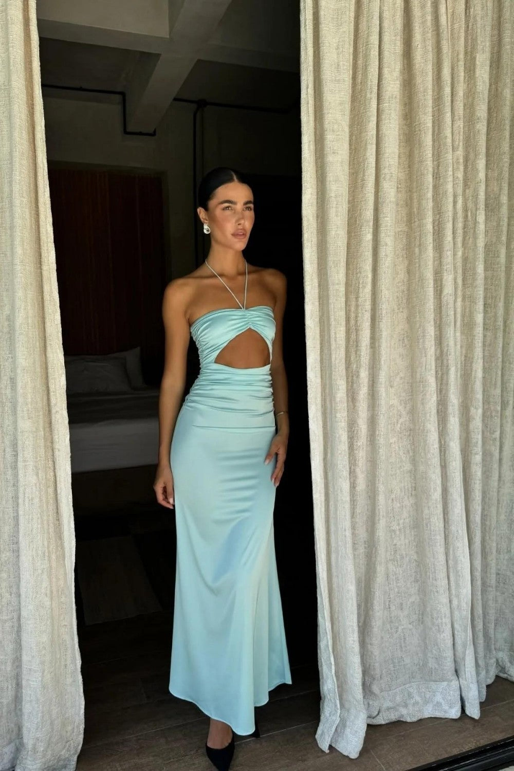 Aqua Blue Bodycon Prom Dress Strapless Design with Waist Cutout