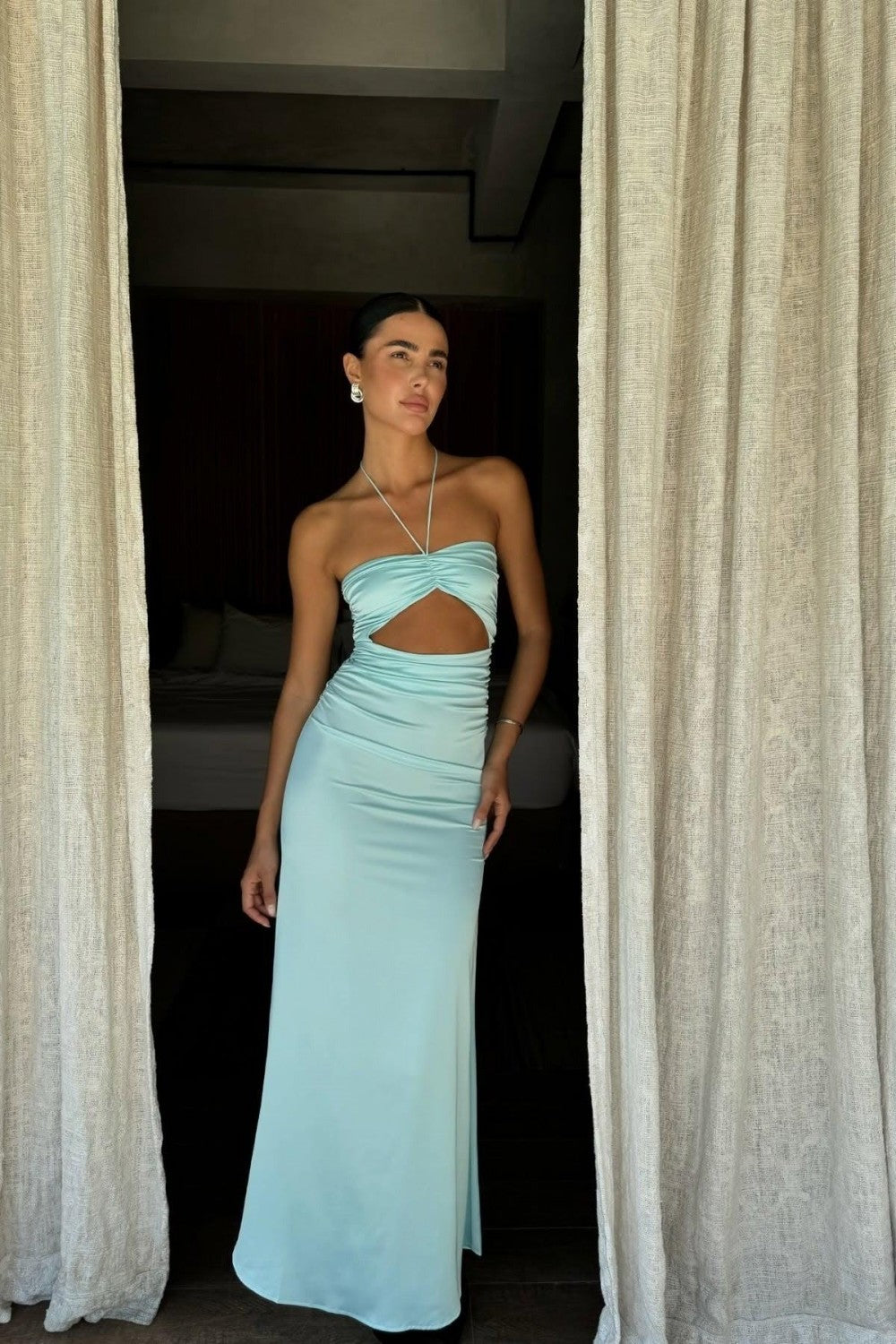Aqua Blue Bodycon Prom Dress Strapless Design with Waist Cutout