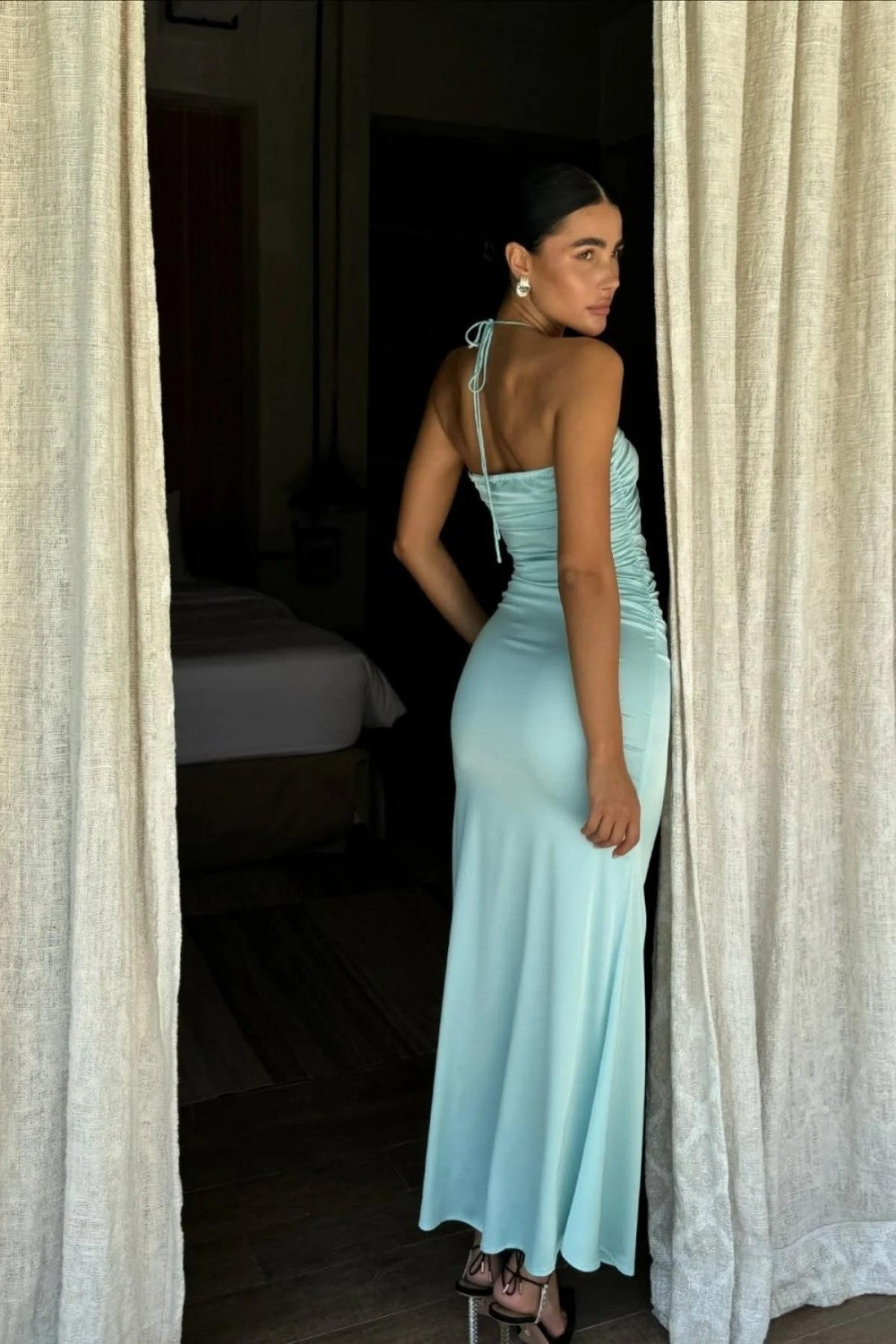 Aqua Blue Bodycon Prom Dress Strapless Design with Waist Cutout
