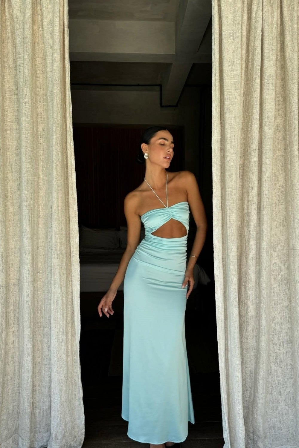 Aqua Blue Bodycon Prom Dress Strapless Design with Waist Cutout