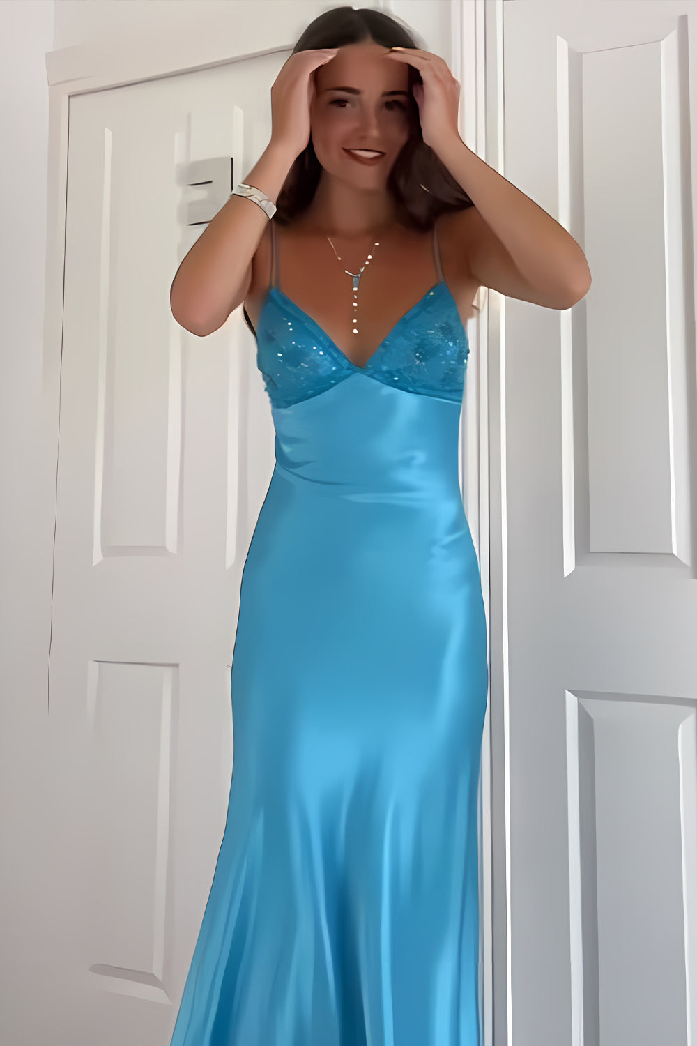Aqua Blue Spaghetti Strap Long Satin Prom Dress with Lace Bodice