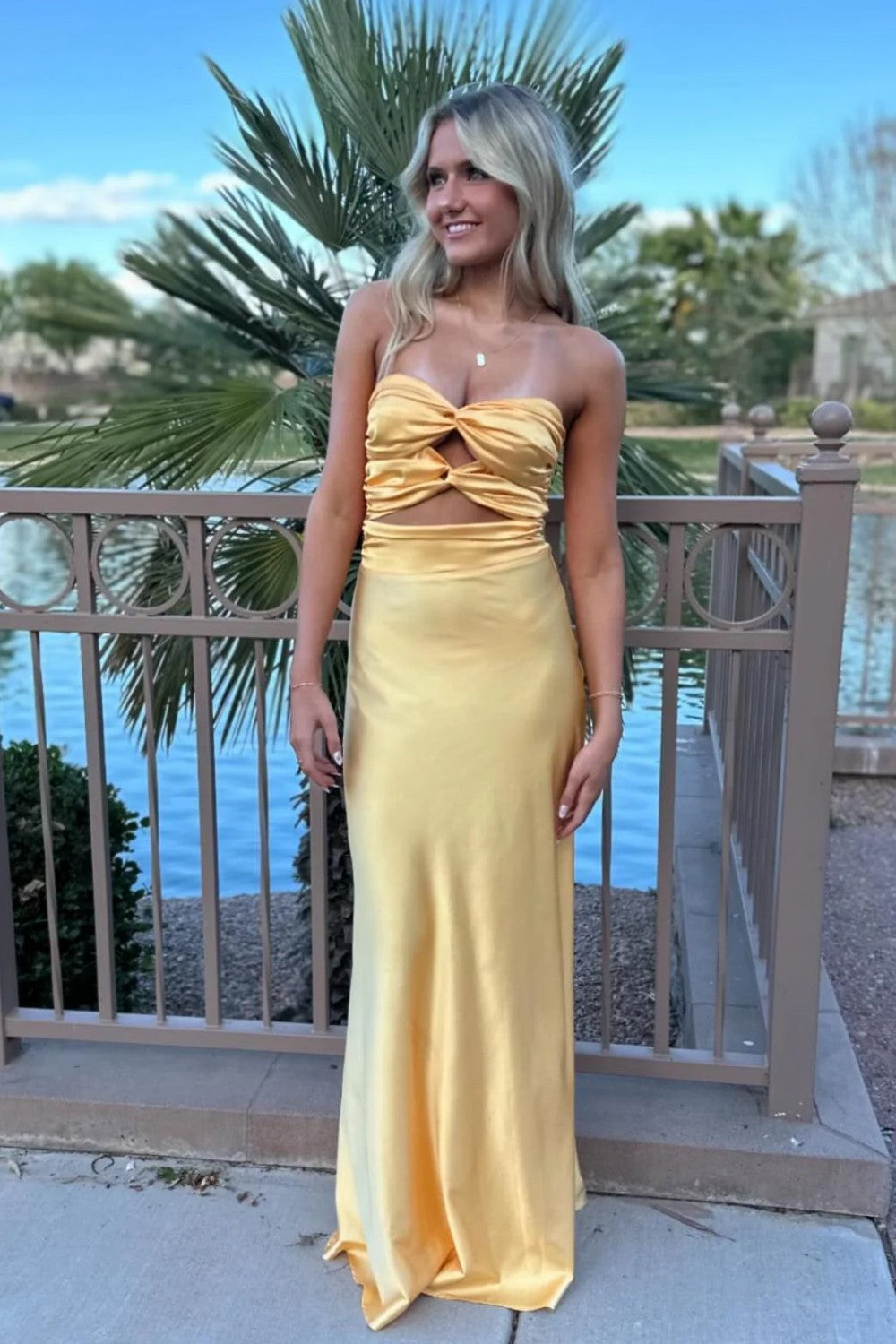Aqua Sweetheart Twist Front Cutout Long Satin Prom Gown