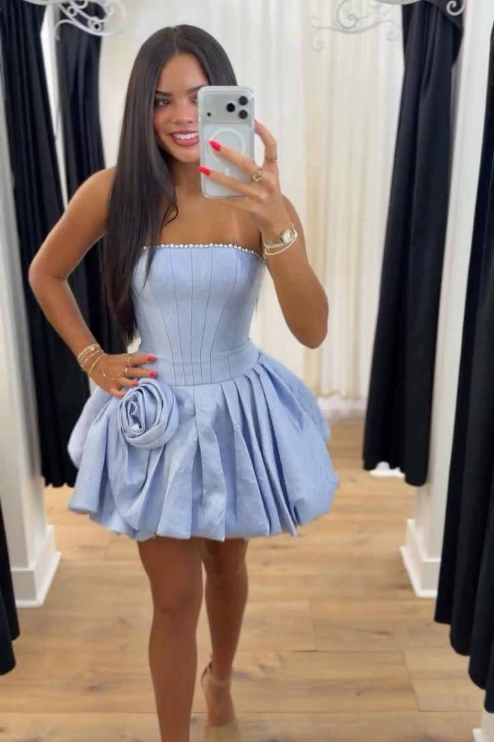 Baby Blue Strapless Homecoming Dress Pleated Skirt Mini Dress with Flower Detail