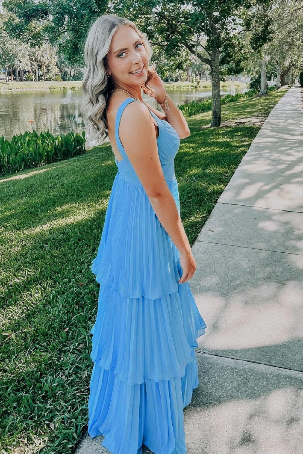 Beautiful A Line Sweetheart Blue Long Prom Dress with Ruffles