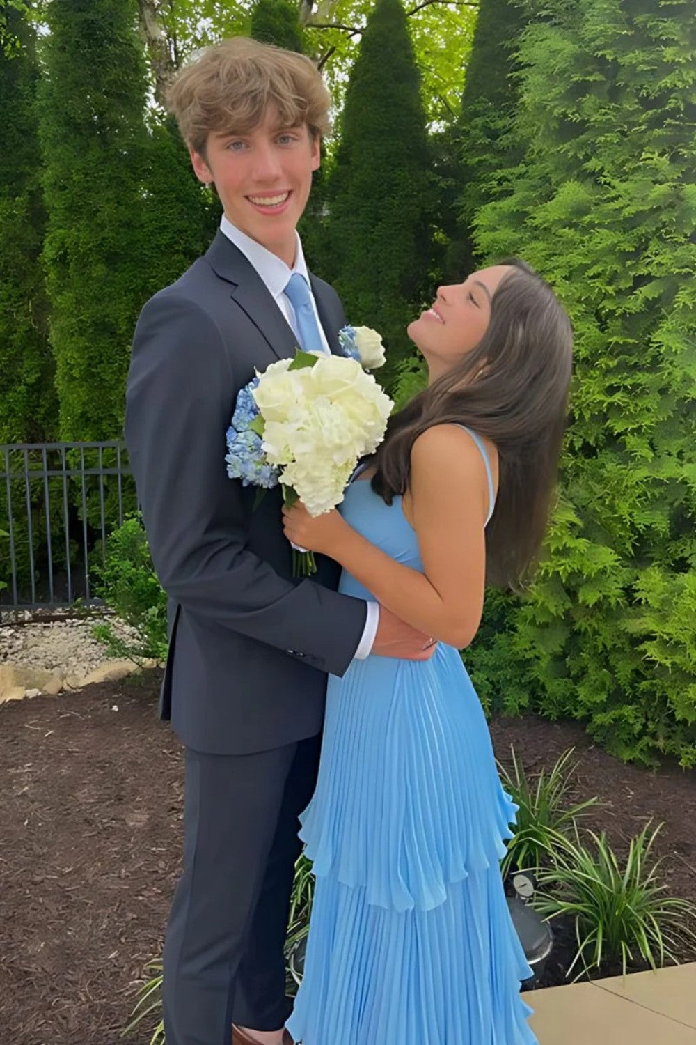 Beautiful A Line Sweetheart Blue Long Prom Dress with Ruffles