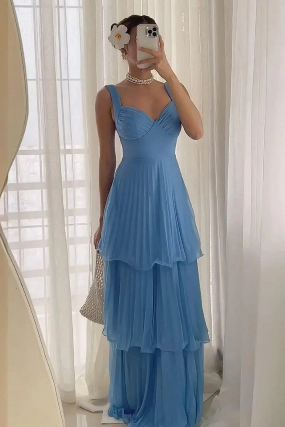 Beautiful A Line Sweetheart Blue Long Prom Dress with Ruffles