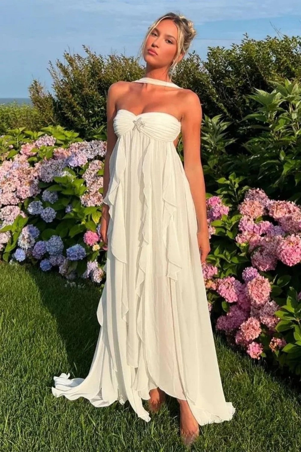 Beautiful A Line Sweetheart White Long Prom Dress with Ruffles Split Front