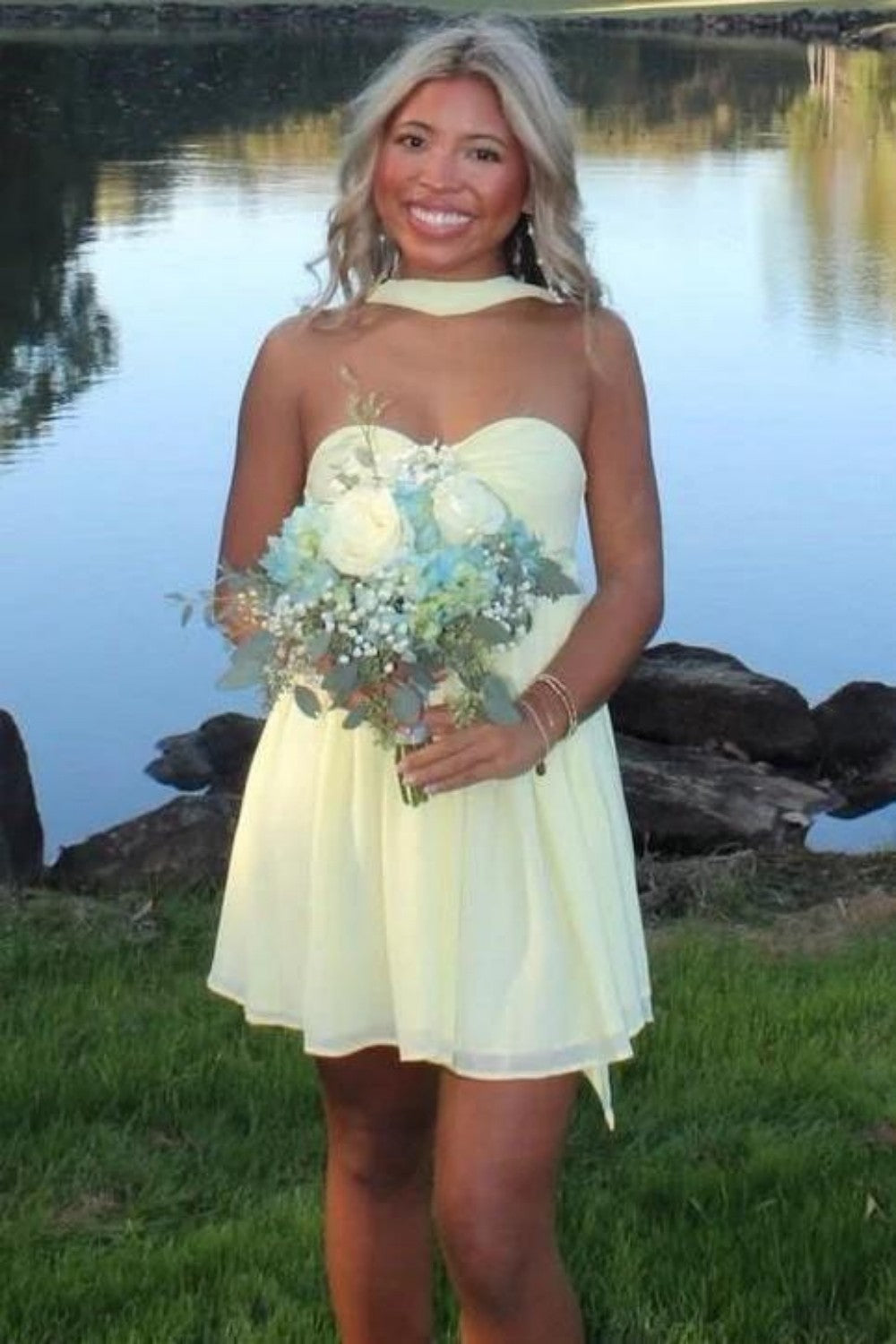 Beautiful Light Yellow Homecoming Dress with Strapless Top and Flowy Chiffon Skirt