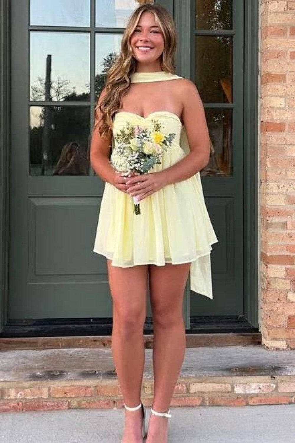 Beautiful Light Yellow Homecoming Dress with Strapless Top and Flowy Chiffon Skirt