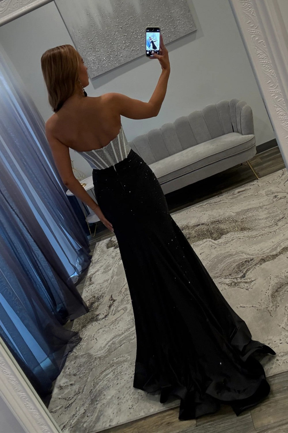 Sparkly Mermaid Sweetheart Black Corset Prom Dress with Split Front Beading