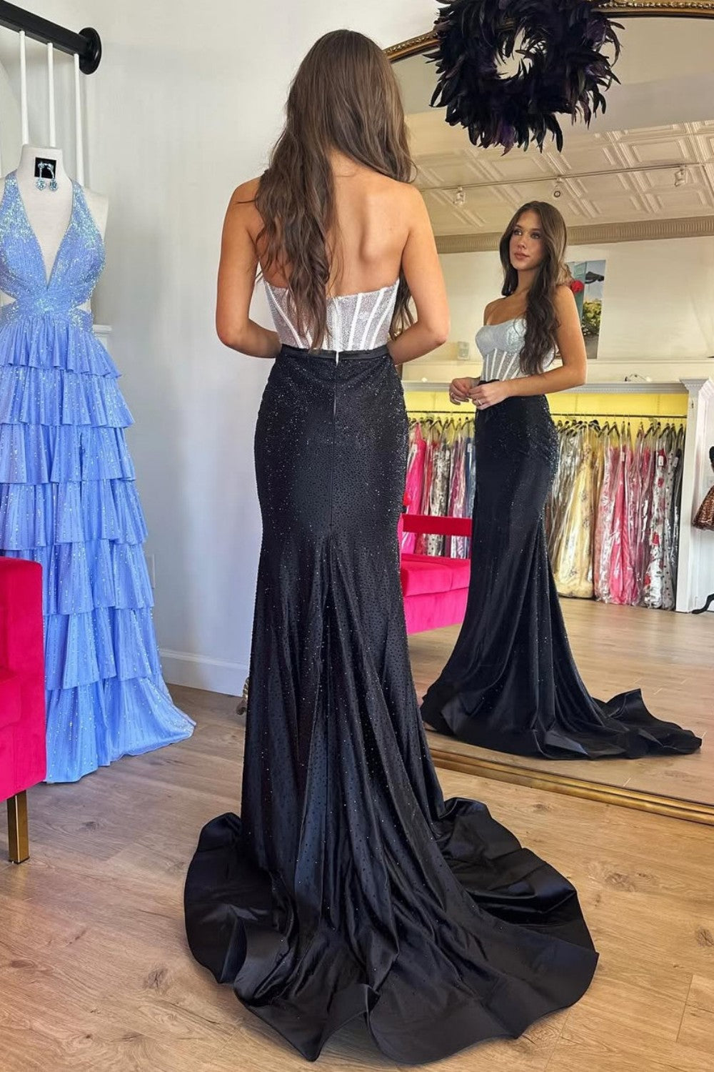 Black & Silver Strapless Structured Corset Top Beading Prom Dress with High Slit