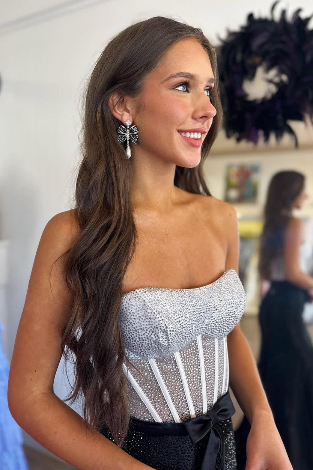 Black & Silver Strapless Structured Corset Top Beading Prom Dress with High Slit