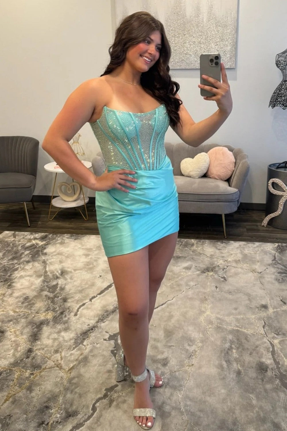 Blue Elegant Strapless Beaded Top Short Tight Satin Homecoming Dress
