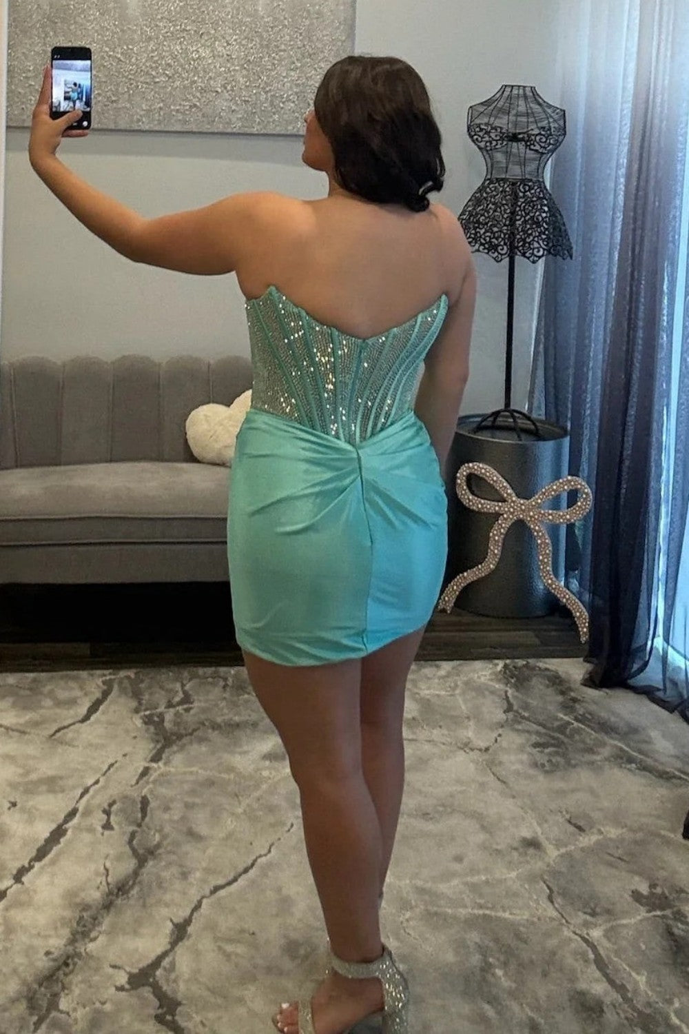Blue Elegant Strapless Beaded Top Short Tight Satin Homecoming Dress