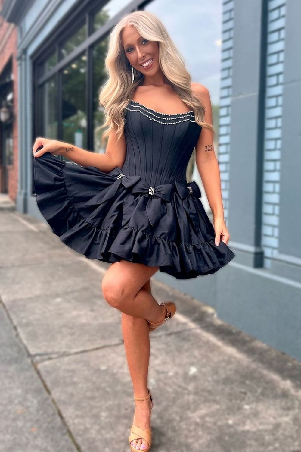 Pink A-Line Strapless Short Satin Homecoming Dress with Bowknot Detail