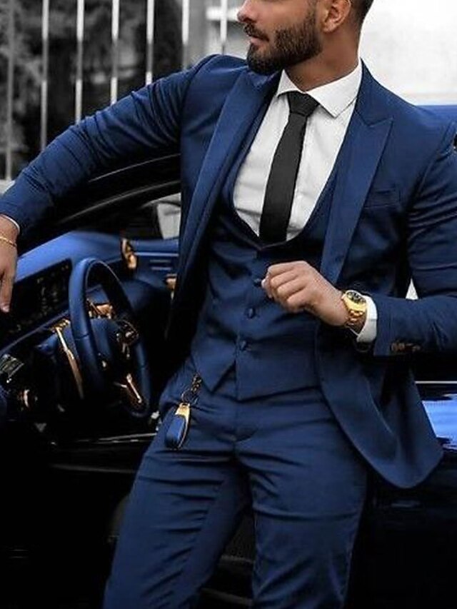 Men's Tailored Fit Single Breasted Two-buttons 3 Pieces Wedding Suits Blue