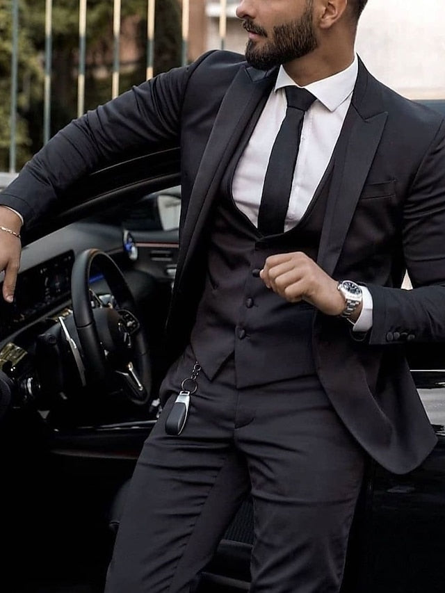 Men's Tailored Fit Single Breasted Two-buttons 3 Pieces Wedding Suits Black