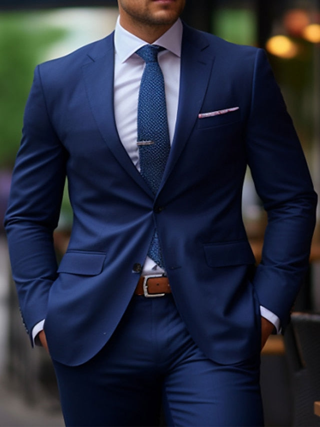 Men's Tailored Fit Single Breasted Two-buttons 2 Pieces Wedding Suits Blue