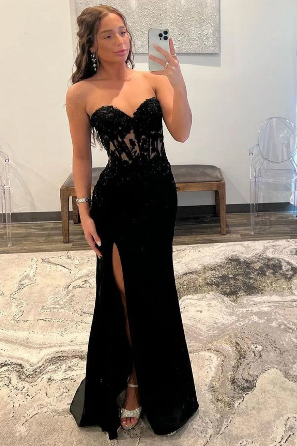 Black Chic Mermaid Prom Dress with Sweetheart Design Long Satin Skirt and Slit