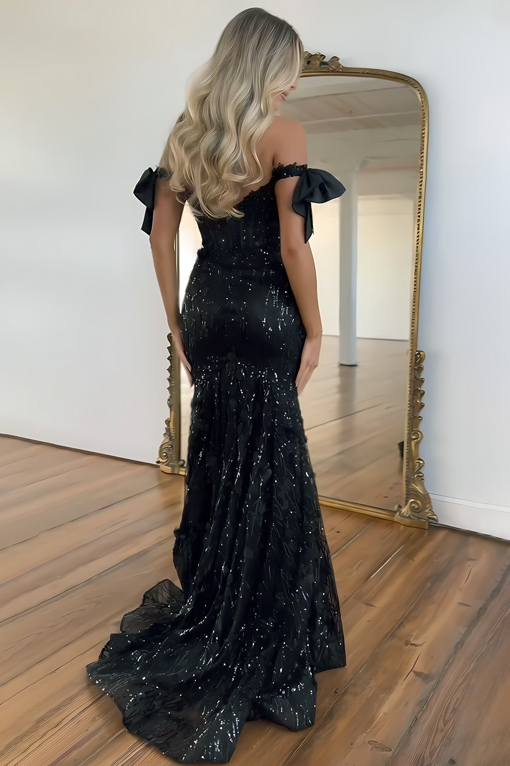 Black Off-Shoulder Sequin Mermaid Prom Dress with Bow Sleeves and Train