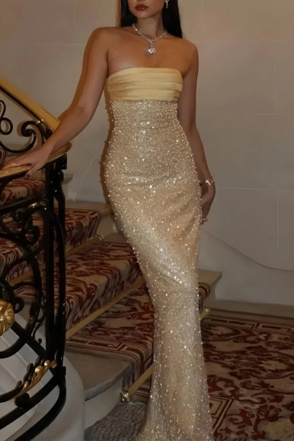 Bling Sheath Strapless Lilac Long Prom Dress with Pearls Slit