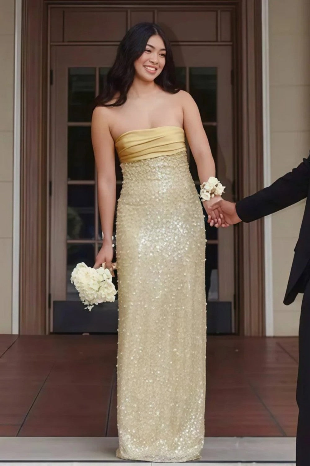 Bling Sheath Strapless Lilac Long Prom Dress with Pearls Slit