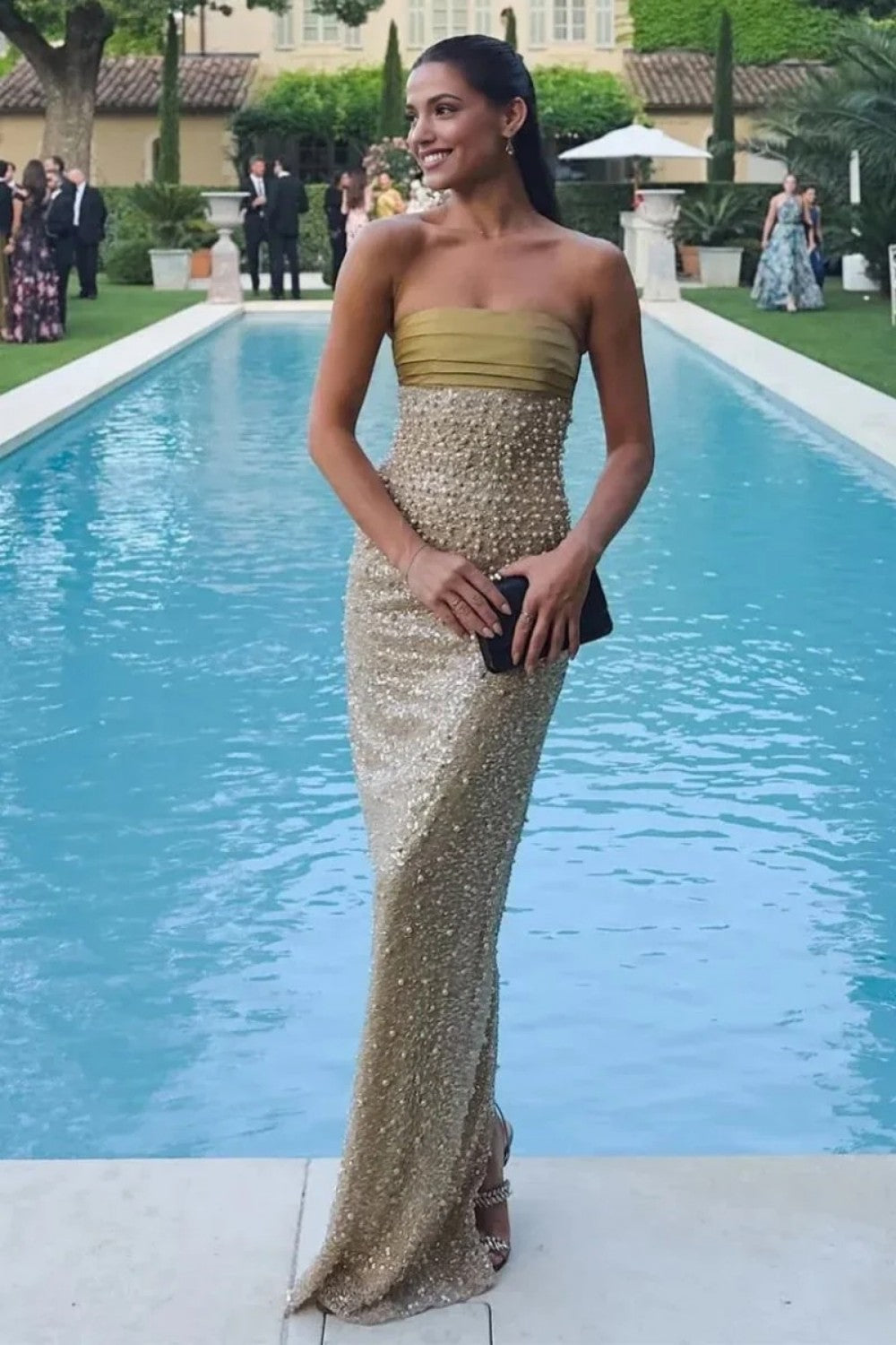 Bling Sheath Strapless Lilac Long Prom Dress with Pearls Slit